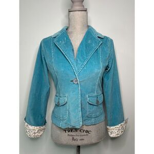 Vintage Y2k So Aqua Pastel Blue Teal Corduroy Blazer Jacket size Junior M